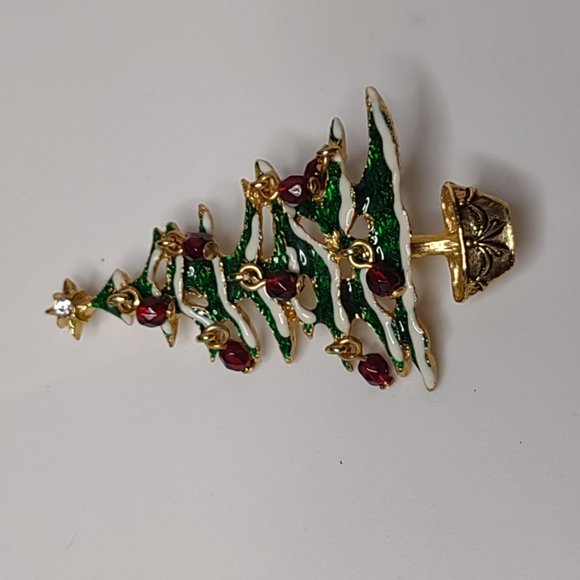 Green And Gold Tone Christmas Tree Brooch With Red Dangling Ornaments - Picture 2 of 11